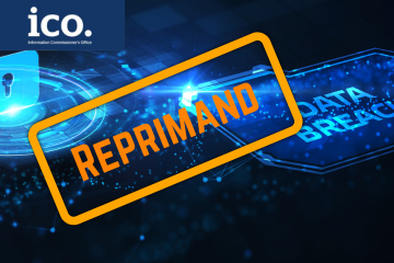 Reprimand in orange text on a blue back ground which has computers. ICO logo in the top left
